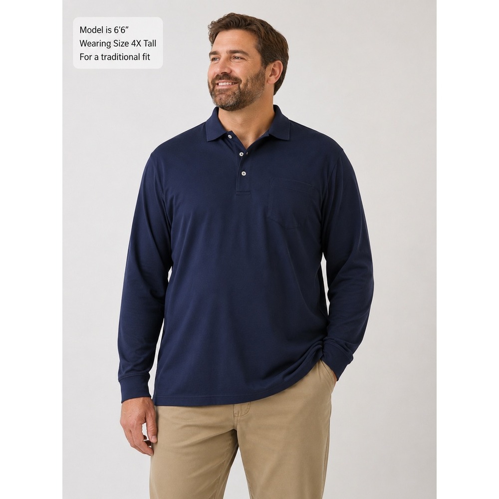 Lands End Polo Shirt Mens 4XL/T Navy Blue Long Sleeve Business Casual